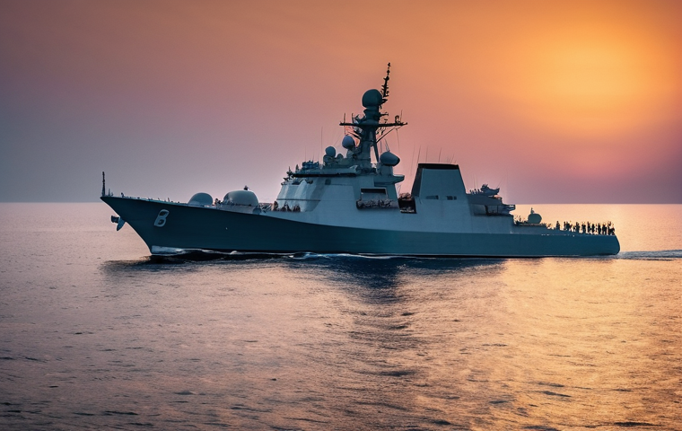 이집트 해군과 홍해 전략 - **Prompt:** A modern, powerful Egyptian naval frigate, sleek and gleaming under the warm sunrise, pr...