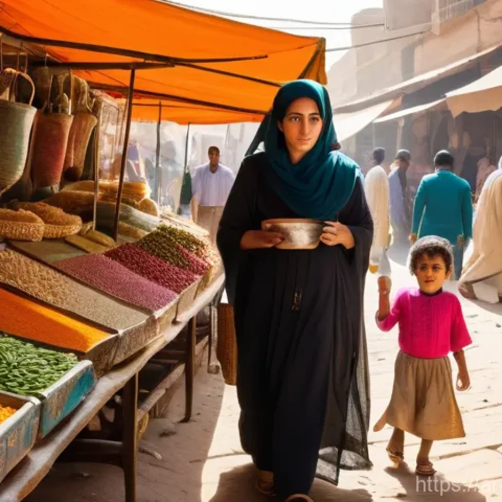 이집트 내전과 정치적 이슈 - **Prompt: "A bustling, sun-drenched traditional Egyptian market (souk) scene. In the foreground, a y...