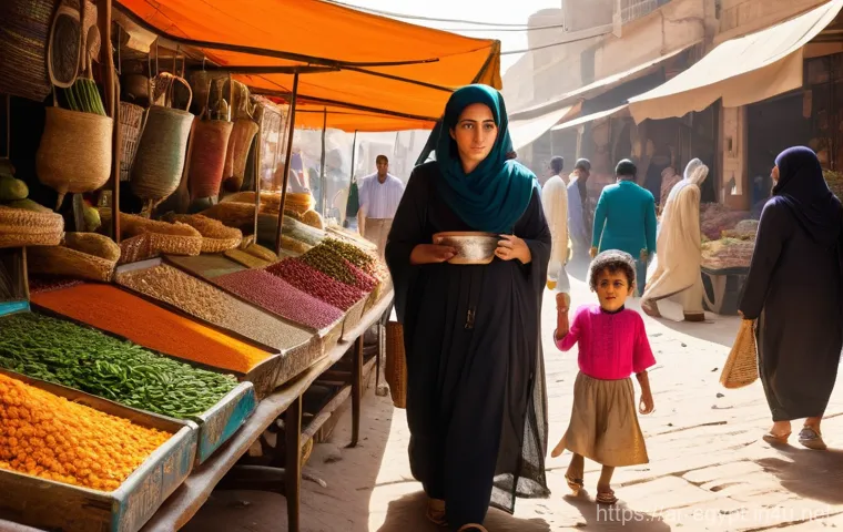이집트 내전과 정치적 이슈 - **Prompt: "A bustling, sun-drenched traditional Egyptian market (souk) scene. In the foreground, a y...