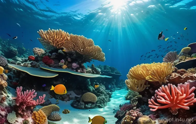 홍해 스쿠버 다이빙 명소 - **Prompt:** "A breathtaking underwater scene in Ras Mohammed's Anemone Garden. Giant, vibrant coral ...