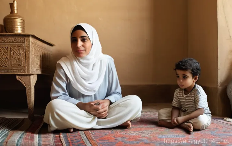 이집트의 현대 정치 구조와 문제점 - **Prompt:** A heartwarming scene inside a traditional, modest Egyptian living room, bathed in soft, ...