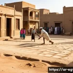 이집트 전통 스포츠와 현대 스포츠 비교 - A lively street scene in an Egyptian village showing children and adults playing traditional sports ...