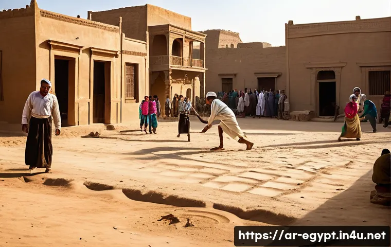 이집트 전통 스포츠와 현대 스포츠 비교 - A lively street scene in an Egyptian village showing children and adults playing traditional sports ...