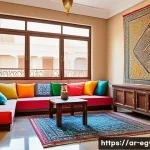 이집트 물가와 예산 여행 계획 - A cozy furnished apartment interior in Cairo designed for budget travelers, featuring traditional Eg...