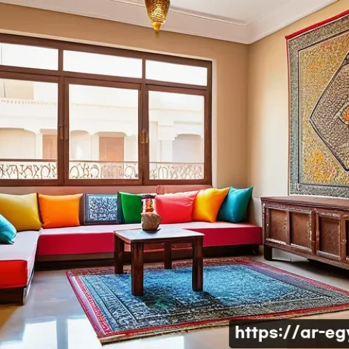 이집트 물가와 예산 여행 계획 - A cozy furnished apartment interior in Cairo designed for budget travelers, featuring traditional Eg...