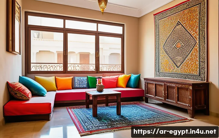 이집트 물가와 예산 여행 계획 - A cozy furnished apartment interior in Cairo designed for budget travelers, featuring traditional Eg...