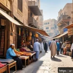 이집트 바자르 쇼핑 팁 - A vibrant traditional Middle Eastern bazaar scene in early morning light, featuring bustling stalls ...