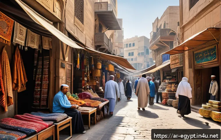 이집트 바자르 쇼핑 팁 - A vibrant traditional Middle Eastern bazaar scene in early morning light, featuring bustling stalls ...