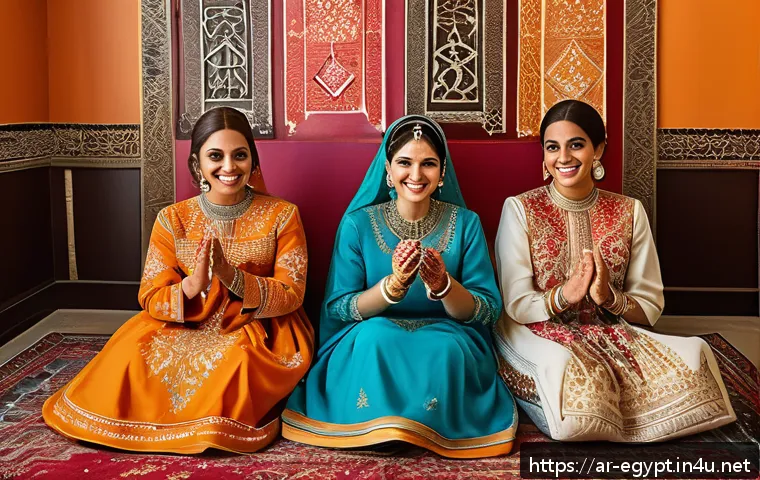 이집트의 결혼 문화와 결혼 절차 - A vibrant Egyptian wedding henna party scene featuring a group of women in traditional colorful dres...