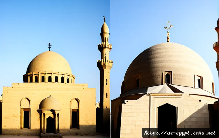콥틱 기독교와 이슬람 문화 차이 - Photorealistic split-scene comparison of Coptic Christian and Islamic cultural heritage in Egypt, a ...
